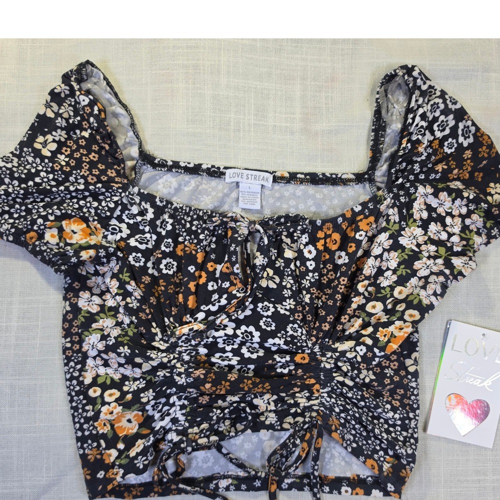 Love Streak Y2K  Floral Crop Black Orange Retro Keyhole Ruched Blouse Large NWT